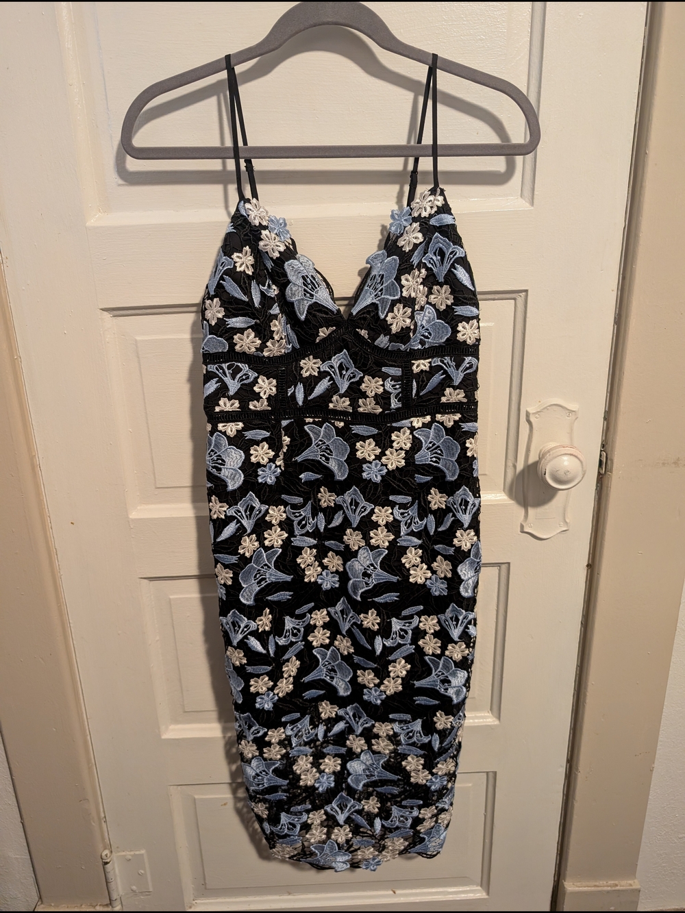 Coquette Navy Midi Dress w Blue & Cream Floral Embroidery & Crochet Type Panels